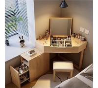 Scrivania angolare in legno massello, tavolo da trucco con specchio ribaltabile, cassetti e sgabello, piccolo tavolo da trucco angolare per camera da letto, Natural