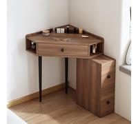 Scrivania angolare per camera da letto, set da toeletta in legno massello scanalato con specchio e luci, tavolino angolare per piccoli spazi per camera da letto e spogliatoio(A, Walnut)