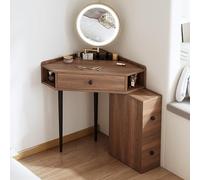 Scrivania angolare per camera da letto, set da toeletta in legno massello scanalato con specchio e luci, tavolino angolare per piccoli spazi per camera da letto e spogliatoio(B, Walnut)