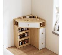 Scrivania angolare per camera da letto, set da toeletta in legno massello scanalato con specchio e luci, tavolino angolare per piccoli spazi per camera da letto e spogliatoio(C, Natural)