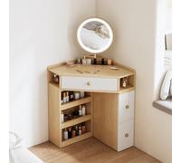 Scrivania angolare per camera da letto, set da toeletta in legno massello scanalato con specchio e luci, tavolino angolare per piccoli spazi per camera da letto e spogliatoio(D, Natural)