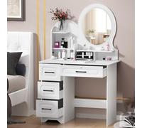Scrivania bianca in stile europeo per il trucco con specchio LED e cassetti aperti, perfetta per organizzare la camera da letto e decorazioni glamour