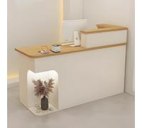 Scrivania compatta con illuminazione a LED nascosta con cassetto bloccabile per negozi di alimentari e negozi di abbigliamento, finitura in legno e bianco crema.