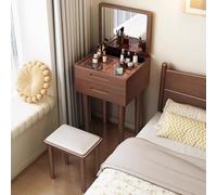 Scrivania compatta in legno di gomma con specchio ribaltabile, piano superiore in vetro e cassetti, soluzione salvaspazio per camera da letto e soggiorno (marrone, 60 cm)