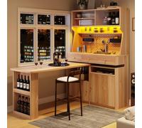 Scrivania con illuminazione a LED e controllo tramite app, Mobile alto con tavolo bar, ante in vetro e ripiani regolabili, credenza alta da cucina, mobile multifunzionale a colonna, marrone naturale