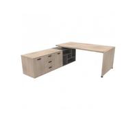 Scrivania con piano e gambe in legno con due librerie Evo portanti e mobile di servizio Tower Evo - Colore: Tranché Olmo Tafira, Lunghezza scrivania: 155 cm, Finitura elemento: Grigio quarzo