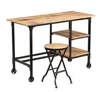 Scrivania con sgabello pieghevole in legno di mango massiccio, 115 x 50 x 76 cm, stile vintage, design industriale, con 2 ripiani e ruote per ufficio e casa ufficio