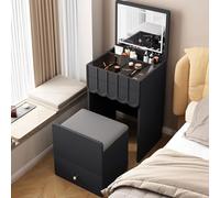 Scrivania con specchio e luci, design compatto salvaspazio 3 in 1, si trasforma in pratica scrivania o comodino, include sedia nascosta, nero