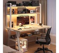 Scrivania da gioco con libreria, scrivania per computer, postazione di lavoro, base in metallo, per camera da letto, ufficio, studio, senza sedie (bianco, 78 cm di lunghezza x 50 cm di larghezza e 147