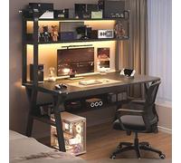 Scrivania da Gioco con libreria, scrivania per Computer, postazione di Lavoro, Base in Metallo, per Camera da Letto, Ufficio, Studio, Senza sedie (Nero, 78 cm di Lunghezza x 50 cm di Larghezza e 147