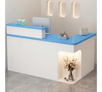 Scrivania da reception a forma di L con luce LED, cassetto frontale con serratura, mobile da ufficio moderno, colore blu, 140 cm, soluzione elegante e funzionale per il posto di lavoro