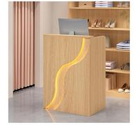 Scrivania da reception minimalista con angoli arrotondati, pannelli laterali profondi, maniglie e cassetti in metallo, perfetto per negozi di abbigliamento