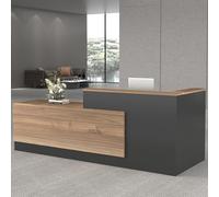 Scrivania da ricevimento a forma di L con cassetti chiudibili, moderno bancone frontale in legno, uso commerciale, finitura grigio ferro, elegante mobile da ricevimento per uffici e aziende