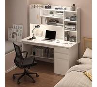 Scrivania da Studio con Credenza e Libreria，Scrivania per Computer in Legno Massello Moderna Scrivania da Lavoro con Cassettiera Scrivania per Casa e Ufficio e Ripiano (Size:120x45x165cm,Color:Bianco)