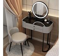 Scrivania da toeletta con luce a 3 colori, luminosità regolabile, piano in vetro temperato, cassetto portaoggetti, sgabello imbottito incluso, perfetto per il trucco della camera da letto