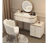 Scrivania da trucco a LED con cassetto regolabile, 3 opzioni di colore, sgabello imbottito, elegante tavolo da toeletta bianco per camera da letto, 100 cm, moderno tavolo da toeletta
