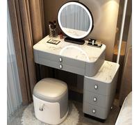 Scrivania da trucco a LED con luminosità regolabile, 5 cassetti e sgabello, tavolo da toeletta compatto con specchio, per camera da letto e studio, ideale per bellezza e toelettatura.