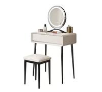 Scrivania da Trucco Bianca con Specchio Rotondo Girevole a 360°, Set da toeletta Rivestito in Microfibra e Pelle, Sgabello e Gambe in Acciaio al Carbonio, 27,5 Pollici