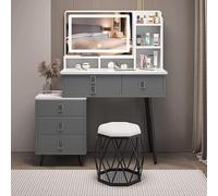 Scrivania da Trucco con Luci, Moderno Set da Trucco, LED Regolabile, Sei Cassetti, Cinque Ripiani E Sgabello, Grande Scrivania da Trucco per Camera da Letto, Grey, 31.5" with Stool