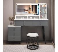 Scrivania da Trucco con Luci, Moderno Set da Trucco, LED Regolabile, Sei Cassetti, Cinque Ripiani E Sgabello, Grande Scrivania da Trucco per Camera da Letto, Grey, 39.3" with Stool