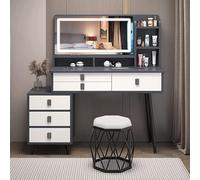 Scrivania da Trucco con Luci, Moderno Set da Trucco, LED Regolabile, Sei Cassetti, Cinque Ripiani E Sgabello, Grande Scrivania da Trucco per Camera da Letto, Black, 39.3" with Stool