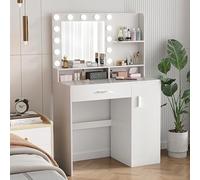 Scrivania da trucco con specchio e luci, scrivania bianca con cassetti e armadio, 3 modalità di illuminazione e 10 luminosità, per camera da letto e spogliatoio
