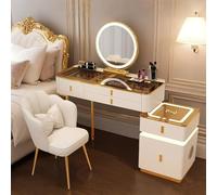 Scrivania da trucco con specchio e luci, set di toeletta con cassetti e sedia, cassettiera per camera da letto, per ragazze e donne