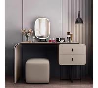 Scrivania da trucco grigio scuro con specchio e luci, 3 opzioni e 2 cassetti, sgabello imbottito, perfetto per la camera da letto di donne e ragazze, elegante tavolo da toeletta - 80 x 48 x 73 cm