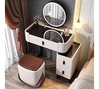 Scrivania da trucco illuminata con specchio rotante, luci a LED, tavolo in vetro temperato e sgabello portaoggetti per bellezza e organizzazione