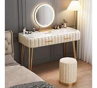Scrivania da trucco moderna con specchio a LED, 3 modalità di colore e sgabello imbottito dimmerabile per camera da letto 100 cm, elegante tavolo da toeletta per la casa