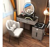 Scrivania da trucco moderna con specchio illuminato a LED, ricarica wireless, altoparlante Bluetooth, piano in vetro, 5 cassetti, armadietto laterale e sedia, elegante tavolo da toeletta per uso