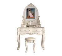 Scrivania da trucco vittoriana illuminata a LED, 99 cm, con 2 cassetti portaoggetti e sgabello imbottito, elegante set da toeletta per donne e ragazze, bianco