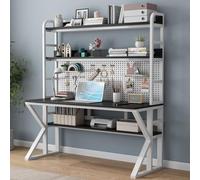 Scrivania da ufficio moderna con libreria e pannello forato, in legno massello, grande tavolo da studio per casa e ufficio, bianco e nero, 78,7 cm di larghezza x 175,3 cm di altezza x 59,9 cm di