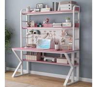 Scrivania da ufficio moderna rosa e bianca con libreria, in legno massello, scrivania per computer e scaffali, grande postazione di lavoro per casa e ufficio, 119,4 x 175,3 x 59,9 cm (larghezza x