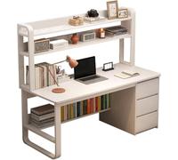 Scrivania da ufficio, scrivania per computer, scrivania semplice, con tre cassetti, scrivania e libreria integrate, struttura in metallo, adatta per camera da letto, studio e altri ambienti (bianco, 1