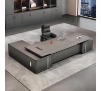 Scrivania direzionale a forma di L con cassetti e contenitore, superficie curva in alluminio, elegante tavolo per la gestione della casa o dell'ufficio, configurazione destra, 180 cm, comoda e moderna