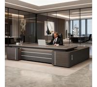 Scrivania direzionale a forma di L con cassetti e contenitore, superficie curva in alluminio, elegante tavolo per la gestione della casa o dell'ufficio, configurazione destra, 180 cm, comoda e moderna