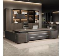 Scrivania direzionale a forma di L con cassetti e contenitore, superficie curva in alluminio, elegante tavolo per la gestione della casa o dell'ufficio, configurazione destra, 180 cm, comoda e moderna