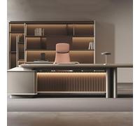 Scrivania direzionale moderna a forma di L con striscia luminosa - spaziosa postazione di lavoro in legno massello con cassetti for archivi for casa e ufficio