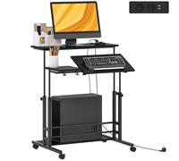Scrivania elevabile con ruote, porte USB, altezza regolabile, pannello centrale inclinato e ripiano 80X60 cm Nero Black