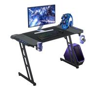 Scrivania Gaming LED 140x60cm, Scrivanie Gaming con Ganci per Cuffie e Porta Bicchiere, Tavolo Gaming Computer Ergonomica di Telaio Z Stabile, Postazione PC Gaming Fibra di Carbonio, Facile da Montare