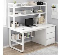 Scrivania industriale per computer con libreria e 3 cassetti, postazione di lavoro per casa e ufficio, moderna scrivania bianca da 119,4 cm, per casa e ufficio, soluzione elegante per riporre oggetti