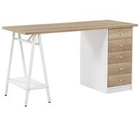 Scrivania Legno Chiaro Truciolare Bianco Metallo 5 Cassetti 140 x 60 cm Heber