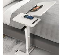 Scrivania Mobile Con Ruote E Prese Elettriche E USB, Tavolino Da Letto In Altezza Con Ruote, Adatto A Letti Grandi, Scrivania Per Computer Supporto Inclinabile(White1)
