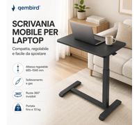 Scrivania Mobile per Laptop Gembird, Tavolino PC Portatile con Ruote Invisibili 360°, Scrivania Regolabile in Altezza 685-1045 mm, Tavolo da Letto Divano e Ufficio, Carrello Porta Notebook, Standing