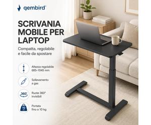 Scrivania Mobile per Laptop Gembird, Tavolino PC Portatile con Ruote Invisibili 360°, Scrivania Regolabile in Altezza 685-1045 mm, Tavolo da Letto Divano e Ufficio, Carrello Porta Notebook, Standing