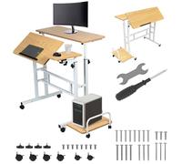 Scrivania mobile regolabile Maclean MC-124 con ruote, piano inclinabile 80x60 cm, altezza regolabile 67-115 cm, capacità di 50 kg, vassoio laterale dal design ergonomico, casa, ufficio, studio (bianco