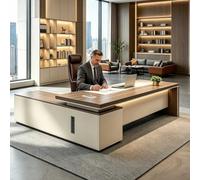 Scrivania Moderna a Forma di L con Base in Legno, con Ripiani, scrivania direzionale, Tavolo Boss, Computer, per casa e Ufficio,Right Cabinet,L260cm/102in