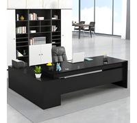 Scrivania moderna a forma di L con base in legno, scrivania direzionale, tavolo Boss, computer, mobili per la casa, cassetti e ripiani portaoggetti, senza sedie, 78,7" L x 31,5" W 29,5" H, nero