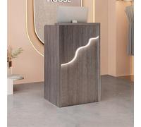 Scrivania moderna a forma di L con ripiani e cassetti aperti, ideale per supermercati, minimarket e hotel, elegante e funzionale